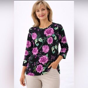 Cathy Floral Blouse Women’s Small Black Purple Green 3/4 Sleeve Stretch Top(A358